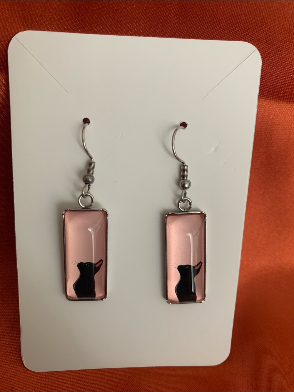 Pink Glass Rectangle Dangle Earrings with Black Cat Silhouette - Unbranded